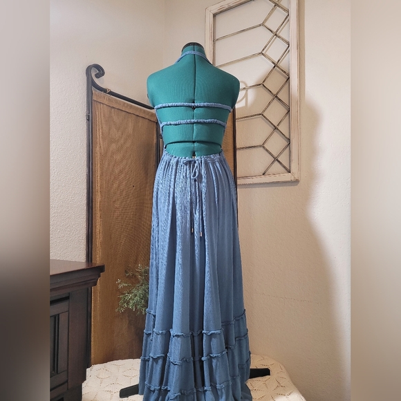 R. Vivimos Blue Maxi Summer Cotton / Rayon Backless Ruffled Dress Size Medium - Picture 6 of 11